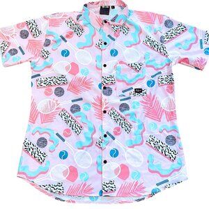 B Fresh Hawaiian Aloha Style L Shirt‎ Tennis Racket Ball Vtg Short Sleeve Pink